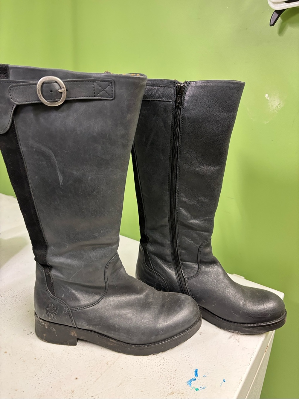 Fly London Black Tall Leather Buckle Riding Boots